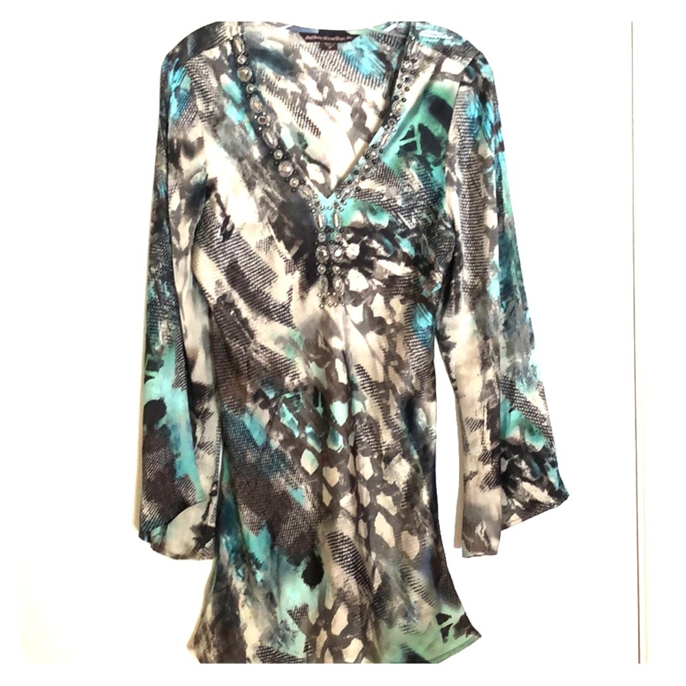 Silky aqua, beige & brown snakeskin print tunic